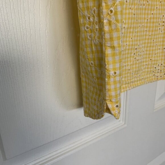 Crown & Ivy Yellow White Eyelet Gingham Size Large Short Sleeve Top Blouse - Picture 6 of 8